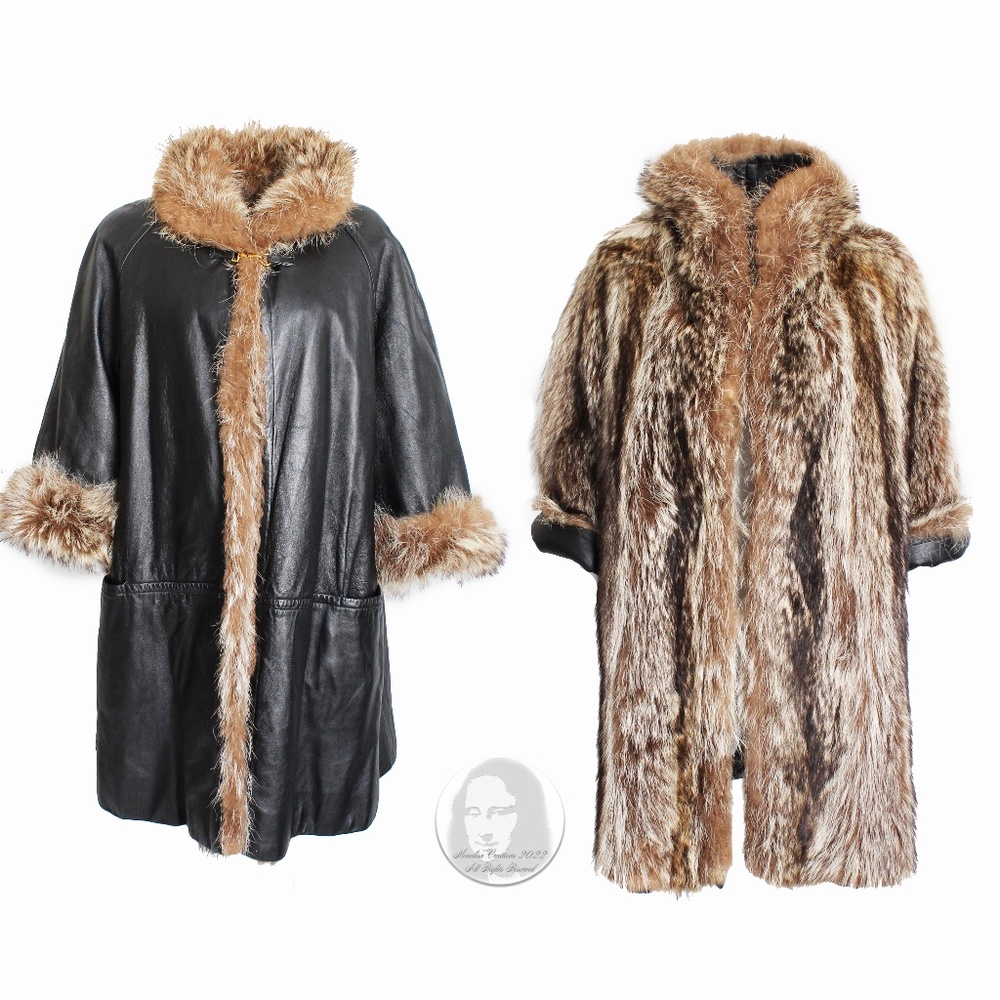 Bonnie Cashin Coat Rare Reversible Black Leather & Raccoon Fur Vintage 1960s